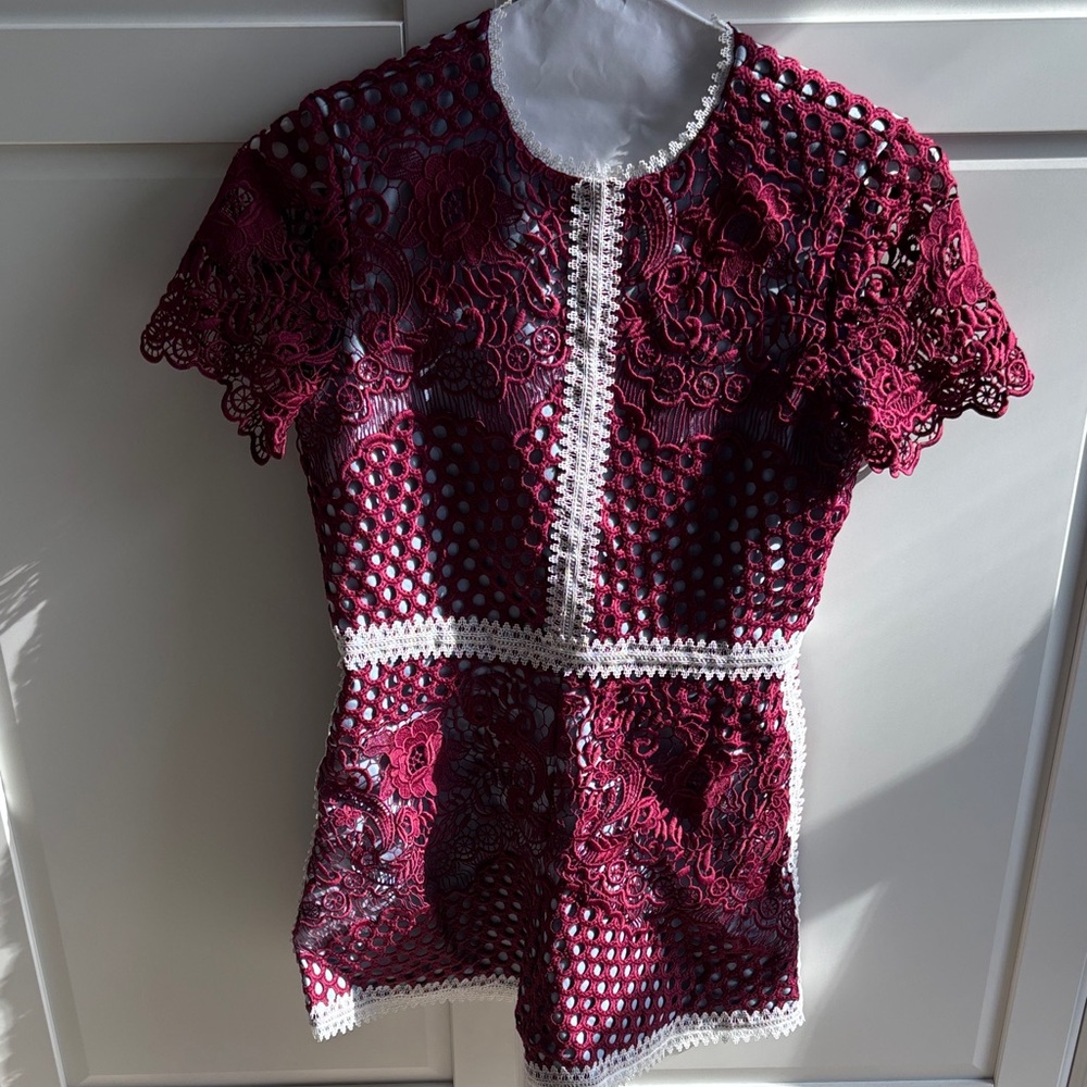 Alexis Maroon Lace romper with Ivory Trim